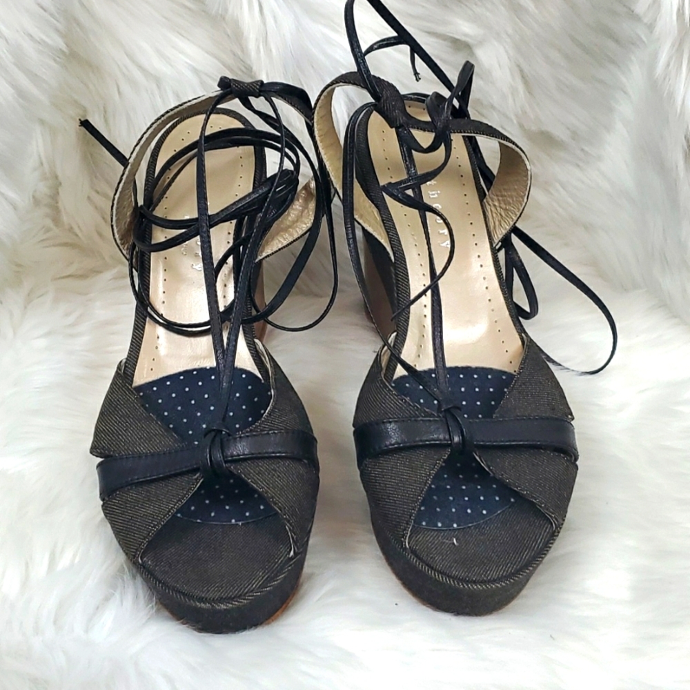 Theory platform striped denim wood sandals shoes women size 39